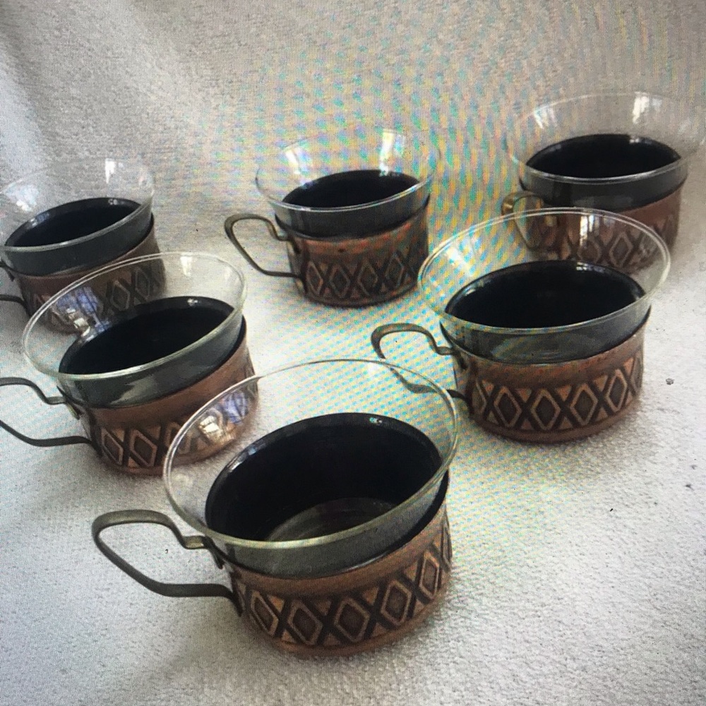 Set of 6 Schott Mainz Tea Glasses and Metal Holders Vintage Jena glass